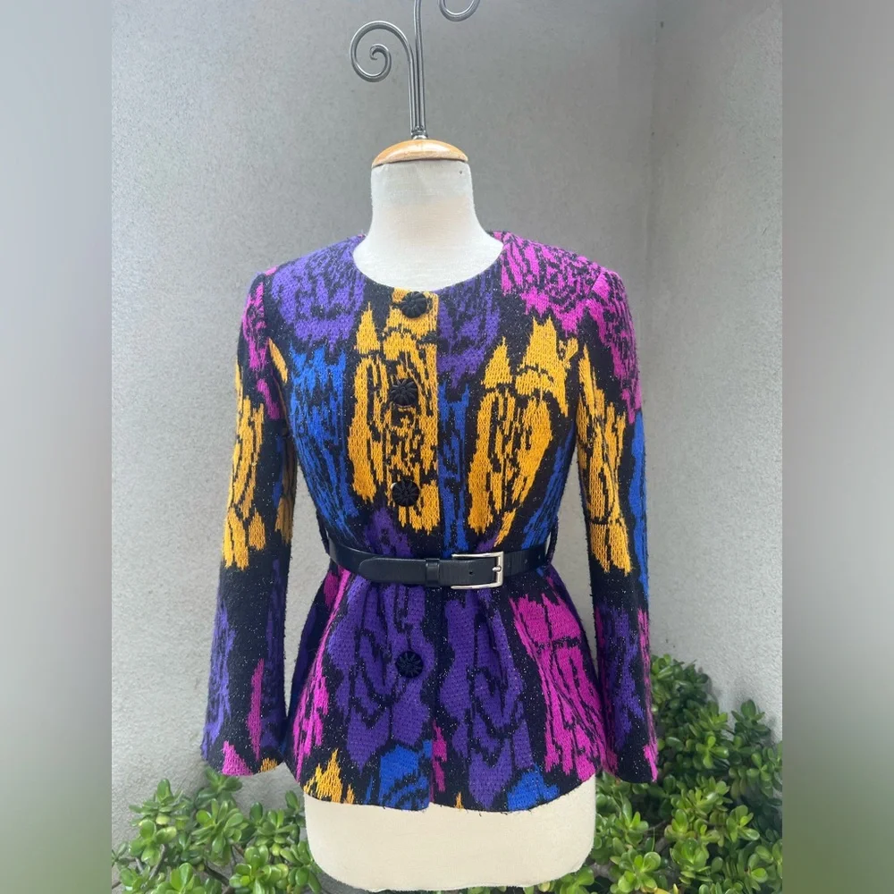 Vintage 80s knit New Wave cardigan sweater lined neon colors Sz M - Picture 10 of 12